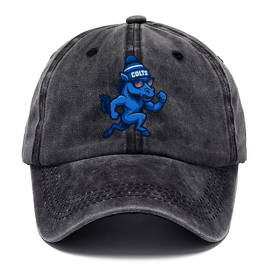 Indianapolis Colt Horse wearing Colts blue and white beanie with pom pom and wayfarer - Classic Cap - Graphite
