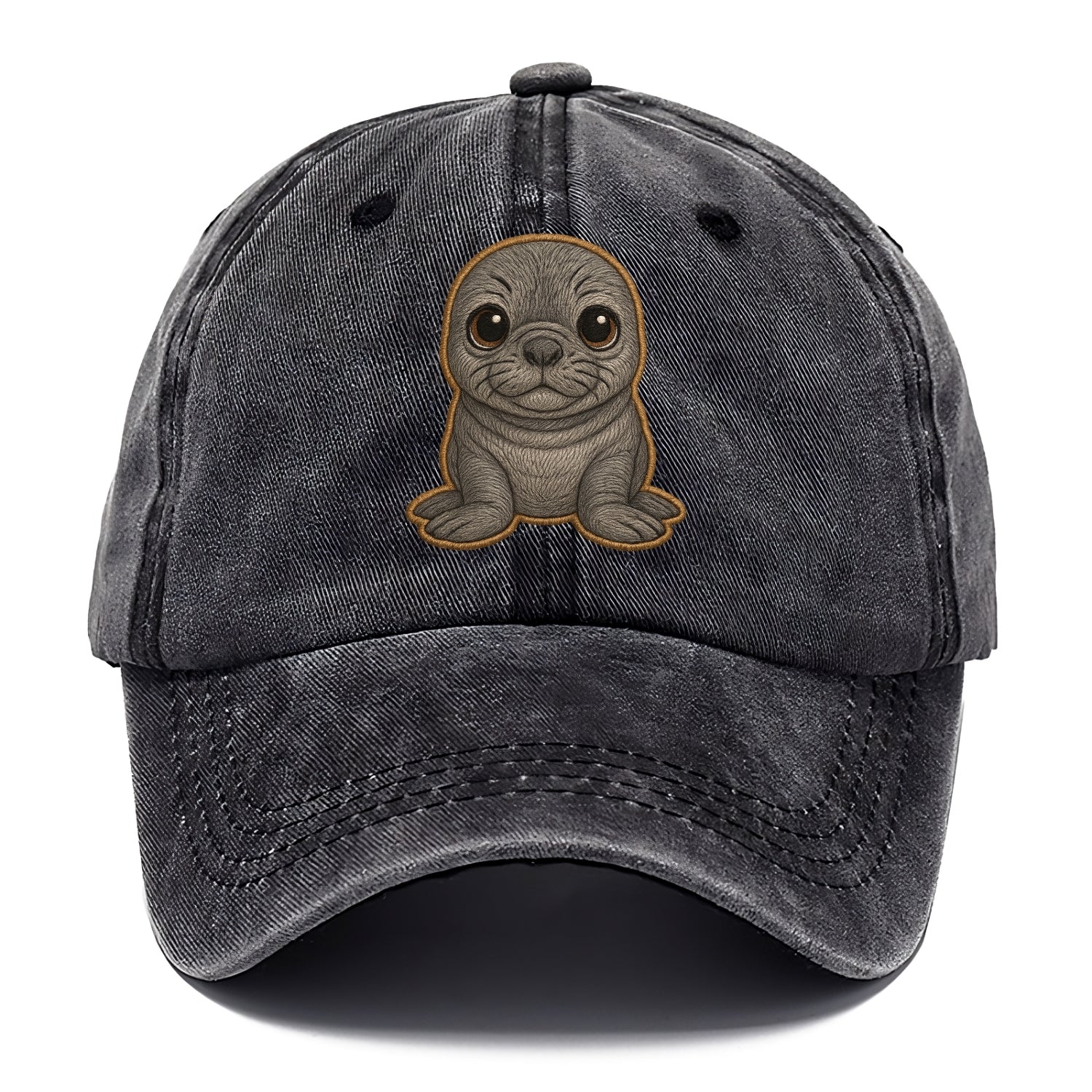 Baby Elephant Seal - gray wrinkly, tiny trunk nose, big dark eyes, front-facing, - Classic Cap - Graphite