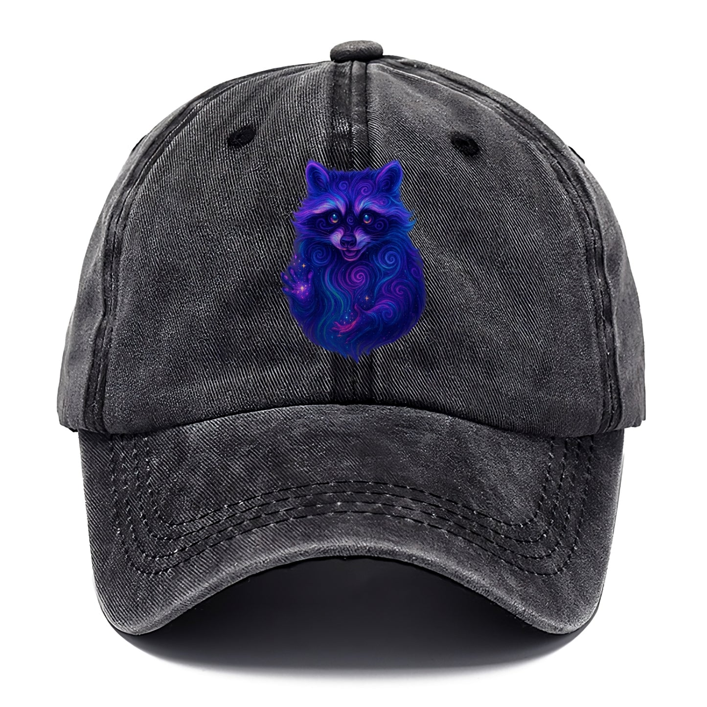 Playful raccoon with mask swirling in hypnotic patterns, neon purple and green fur - Classic Cap - Graphite