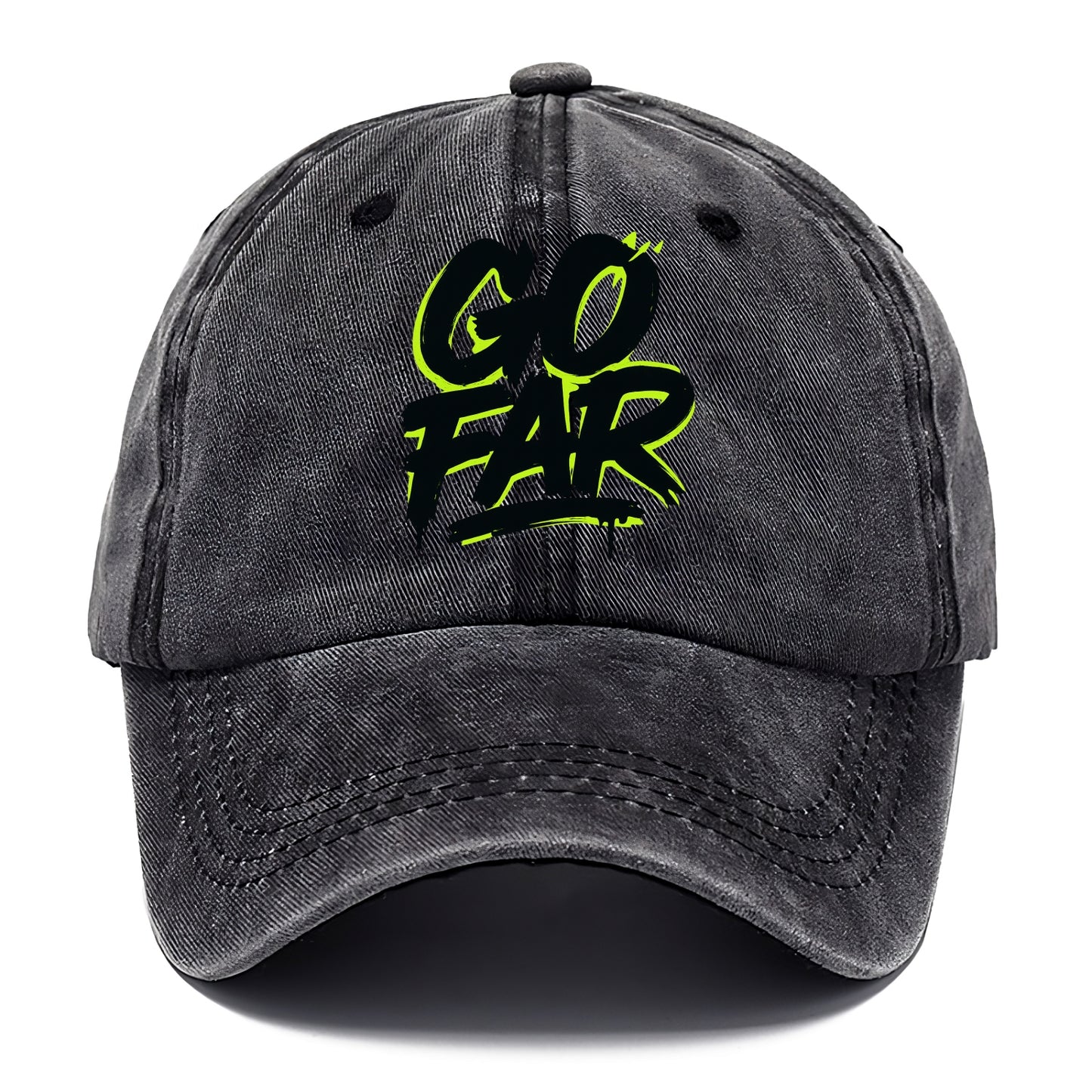 Bold typography design - "GO FAR" - distance goals, pushing limits - Classic Cap - Graphite