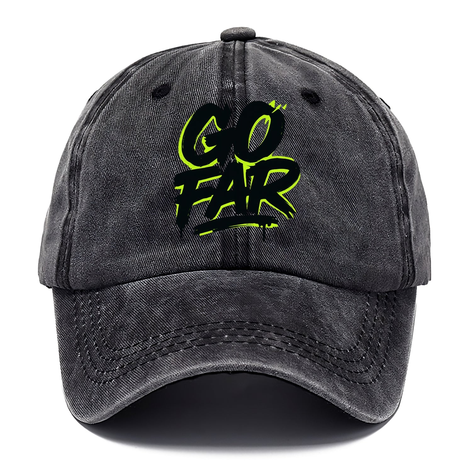 Bold typography design - "GO FAR" - distance goals, pushing limits - Classic Cap - Graphite