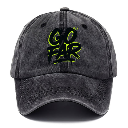 Bold typography design - "GO FAR" - distance goals, pushing limits - Classic Cap - Graphite