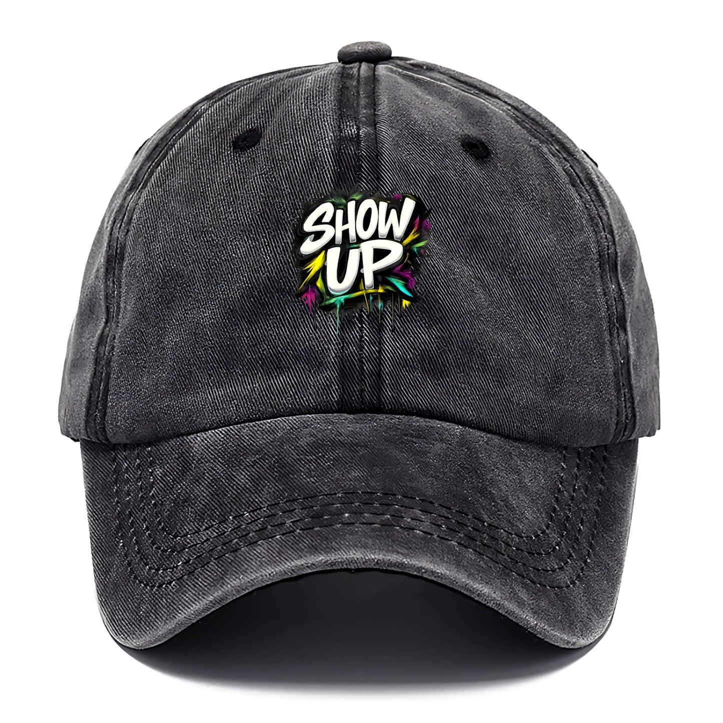 Bold typography design - "SHOW UP" - be present, arrive ready - Classic Cap - Graphite