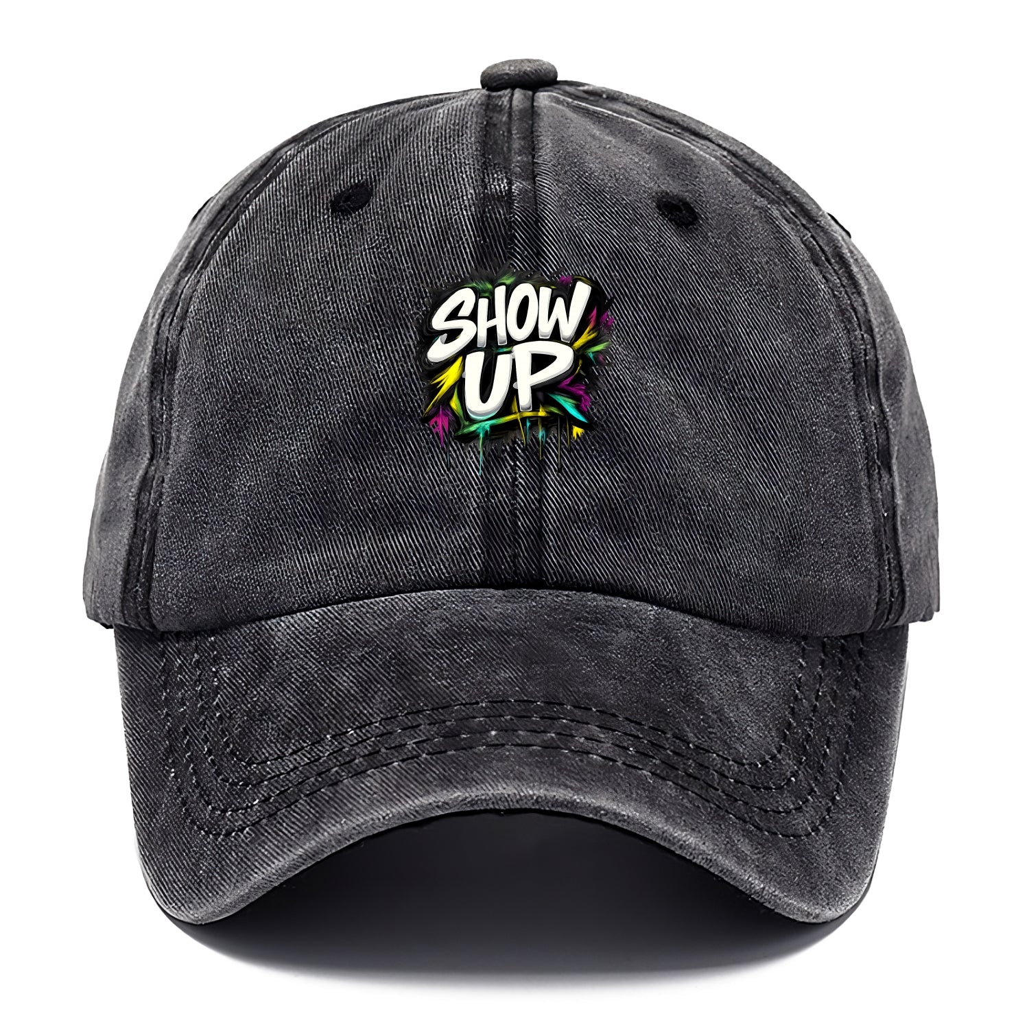 Bold typography design - "SHOW UP" - be present, arrive ready - Classic Cap - Graphite
