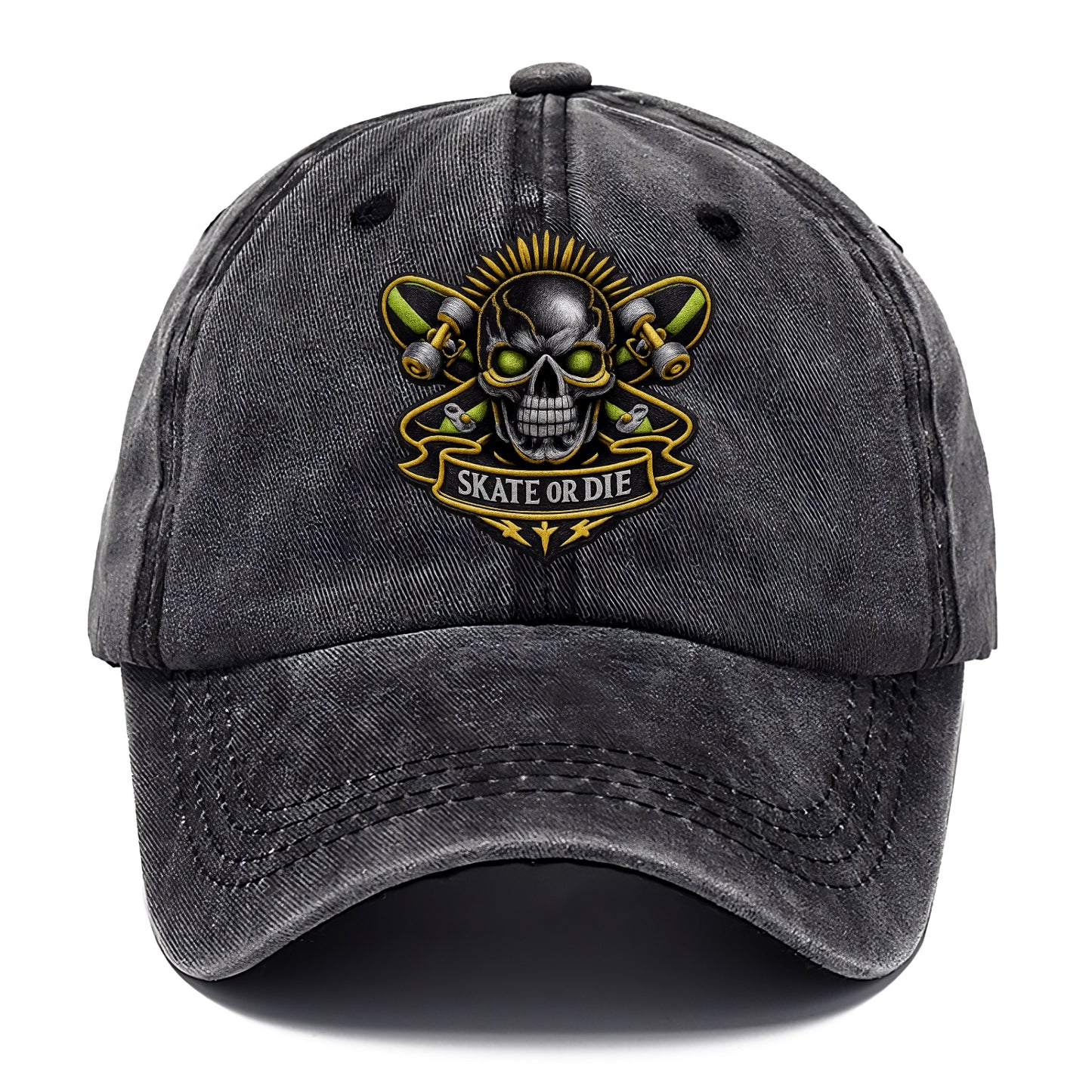 Embroidered patch design - SKATEBOARD SKULL - skull with skateboard in black and neon - Classic Cap - Graphite
