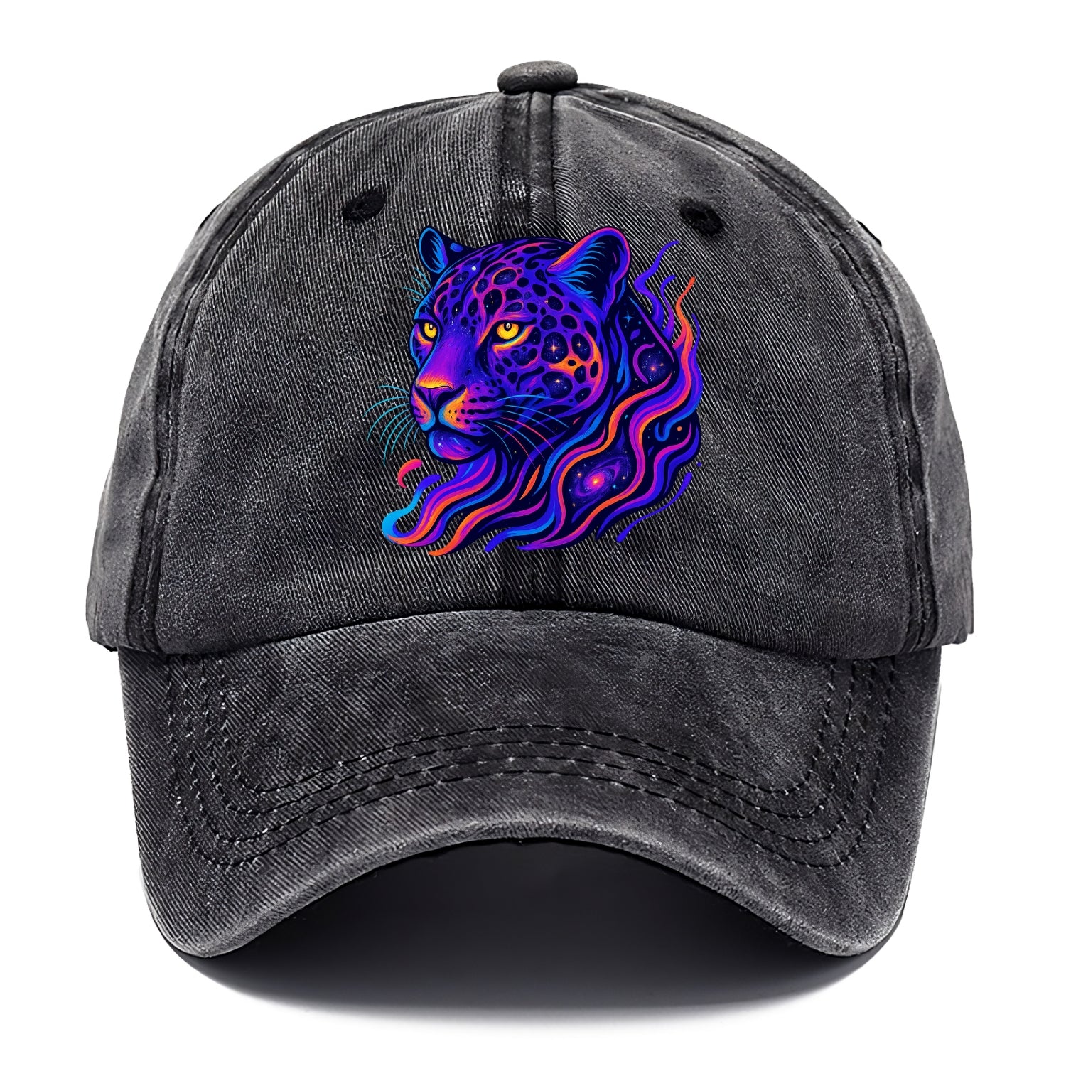 Powerful jaguar with rosettes containing miniature galaxies, cosmic purple and orange - Classic Cap - Graphite