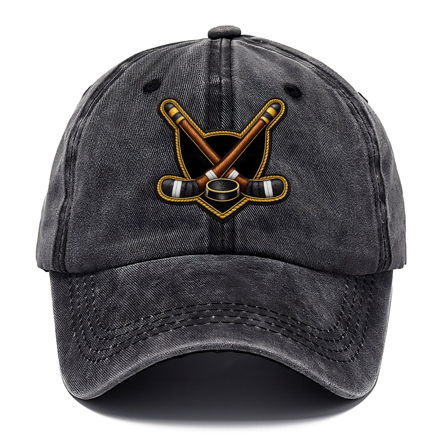 Embroidered patch design - HOCKEY CROSSED STICKS - ice hockey sticks with puck in - Classic Cap - Graphite