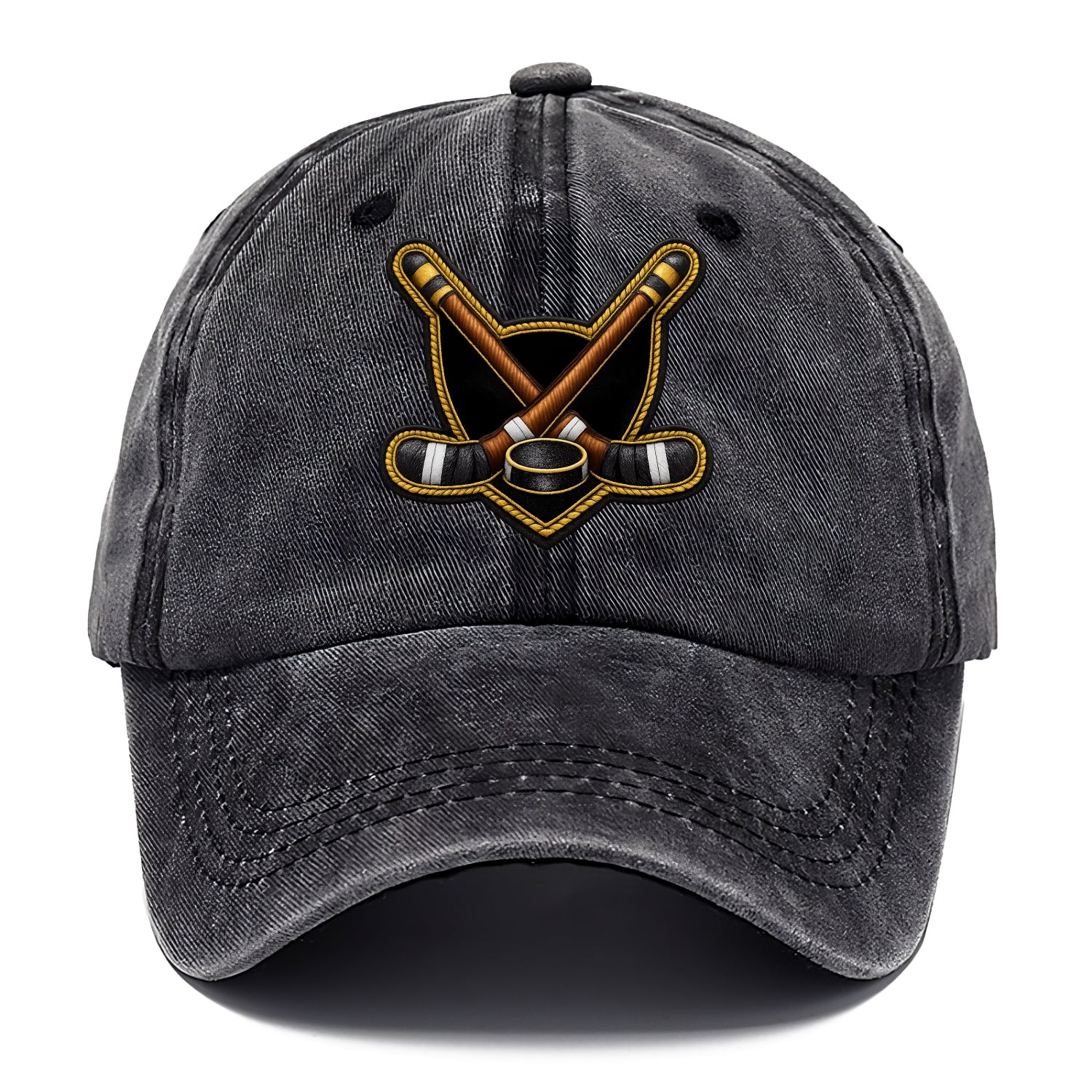 Embroidered patch design - HOCKEY CROSSED STICKS - ice hockey sticks with puck in - Classic Cap - Graphite