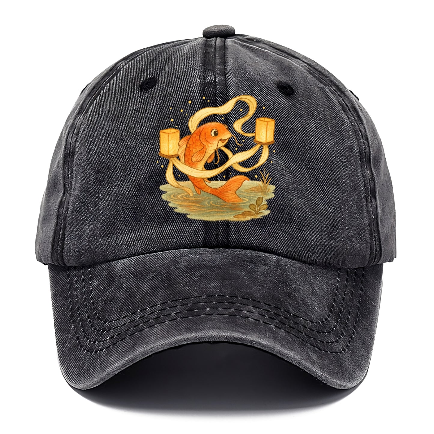 Koi weaving silk streamers through floating lanterns on tranquil water - Classic Cap - Graphite