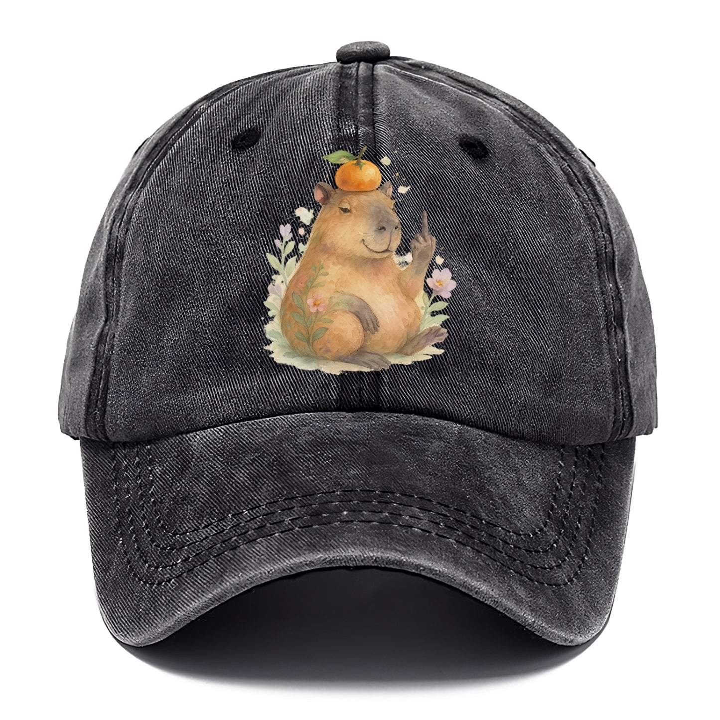 chonky capybara relaxing with orange on head, one webbed middle finger up - Classic Cap - Graphite