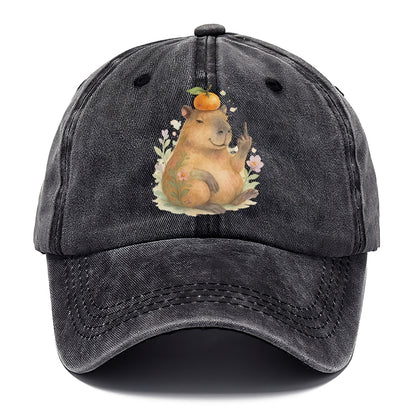 chonky capybara relaxing with orange on head, one webbed middle finger up - Classic Cap - Graphite