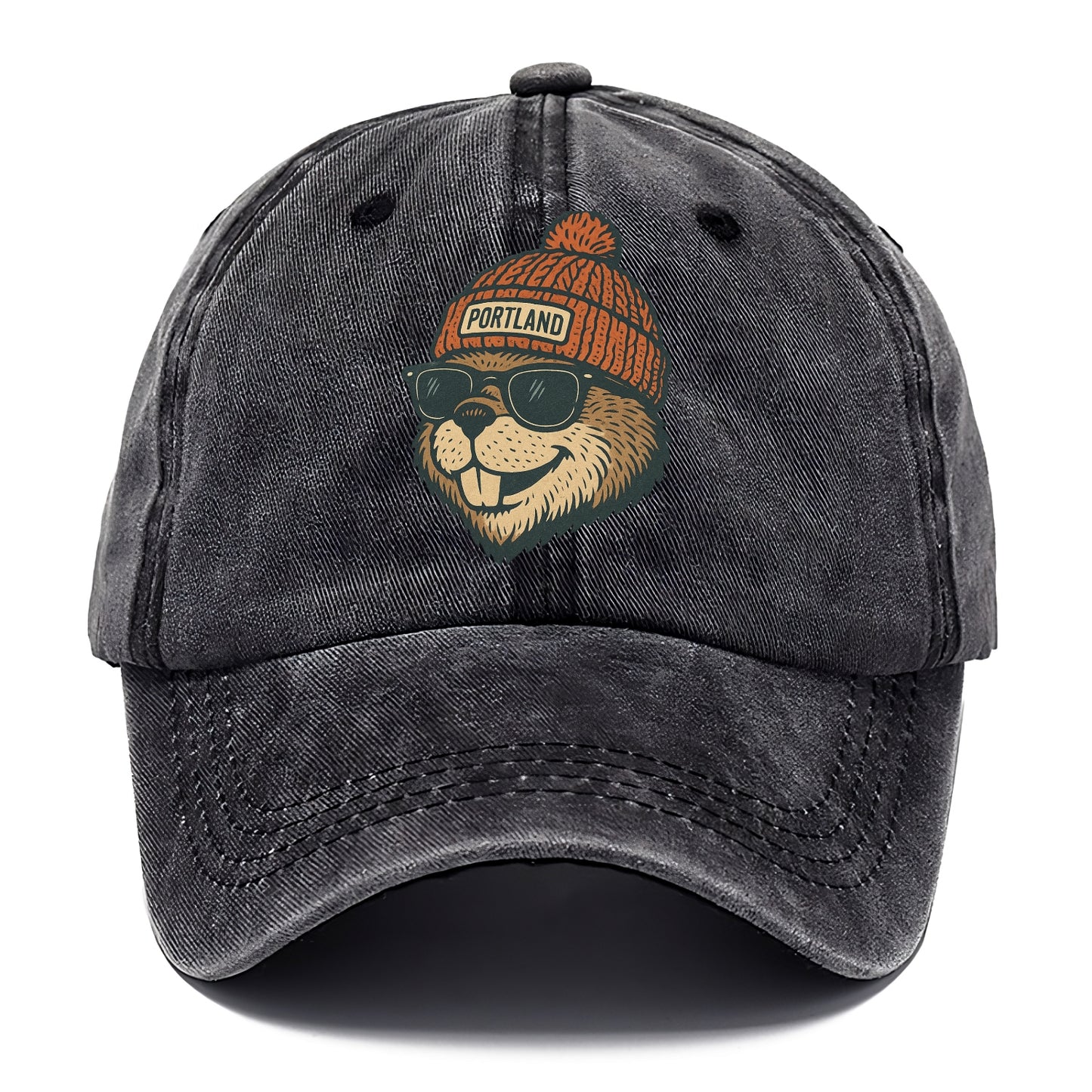 Oregon Beaver wearing Portland beanie with pom pom and wayfarer sunglasses - Classic Cap - Graphite