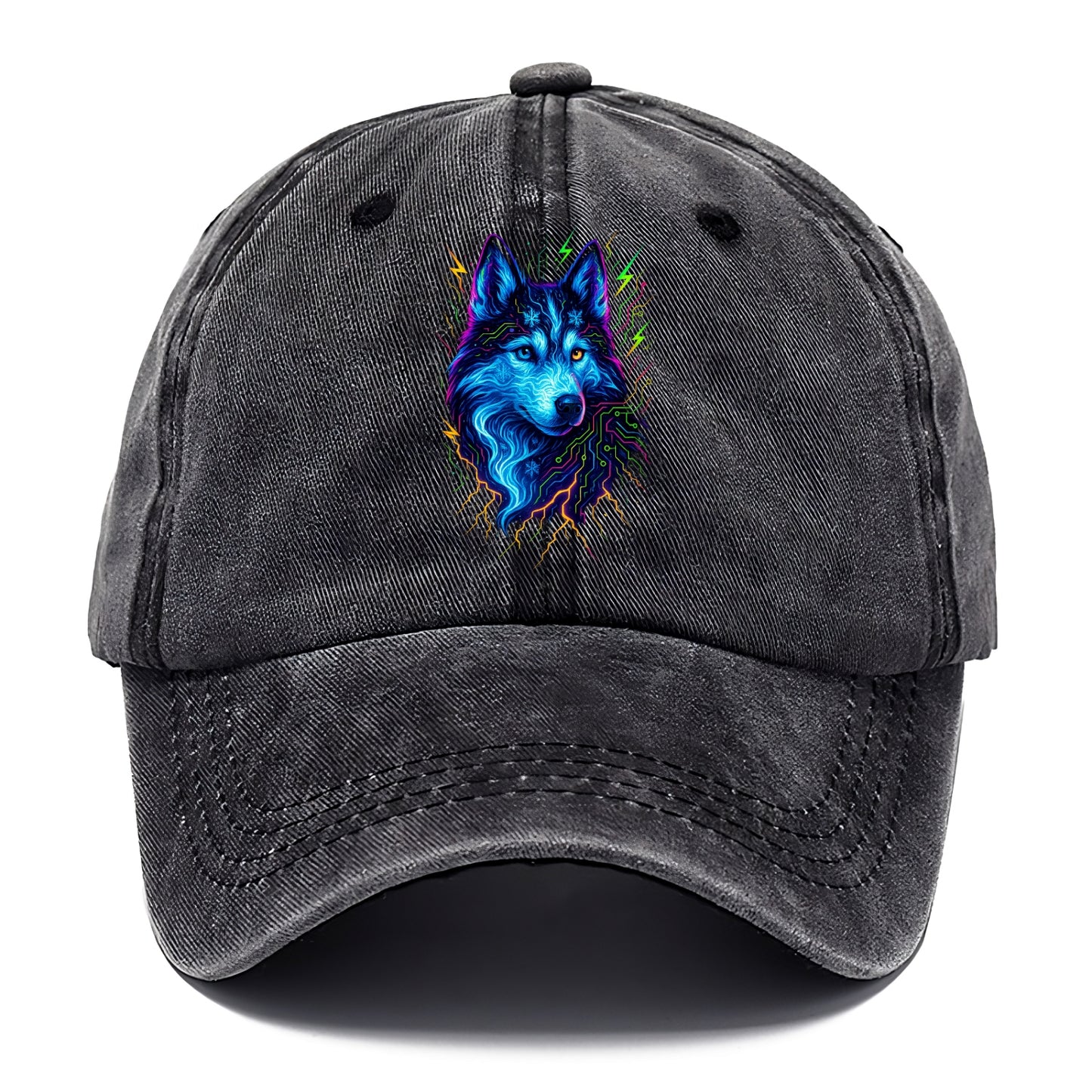Siberian husky with ice-crystal flowing patterns, electric blue and white swirls, - Classic Cap - Graphite
