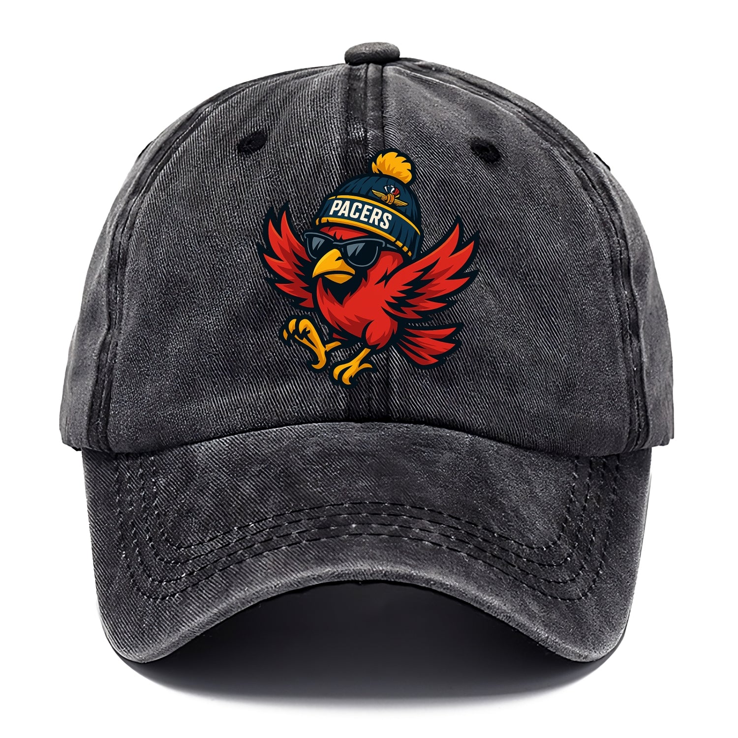 Indiana Cardinal wearing Pacers beanie with speedway patch and wayfarer sunglasses - Classic Cap - Graphite