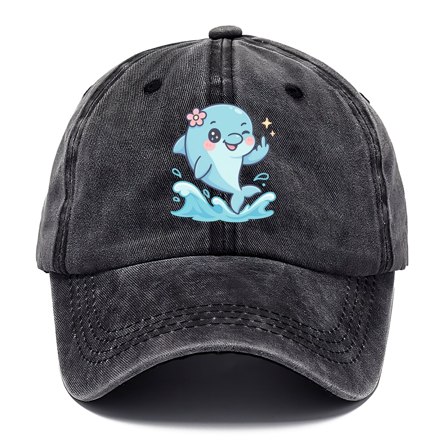 smiling dolphin jumping through ocean waves, one fin up with attitude - Classic Cap - Graphite