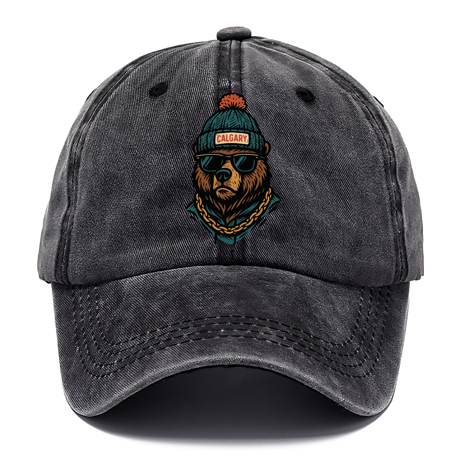 Calgary Grizzly Bear wearing Calgary beanie with pom pom and wayfarer sunglasses - Classic Cap - Graphite