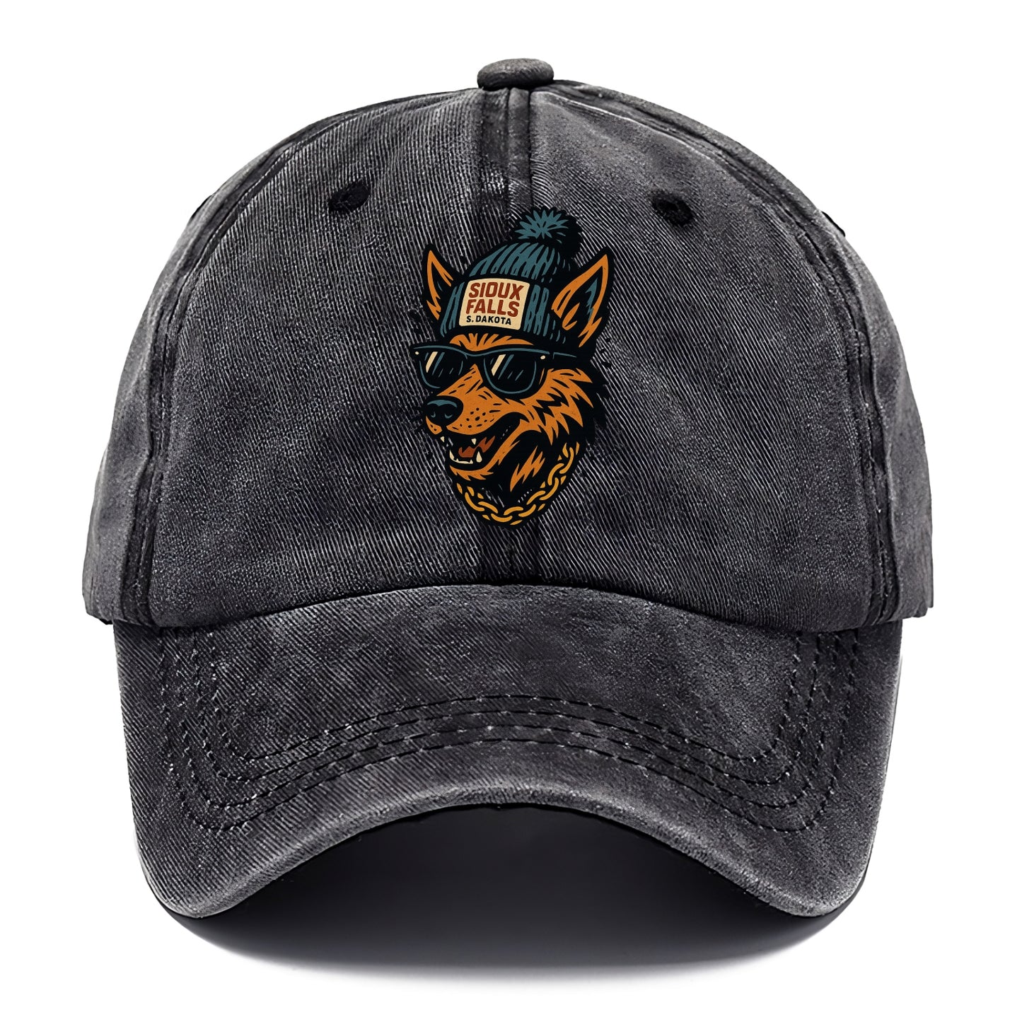 South Dakota Coyote wearing Sioux Falls beanie with pom pom and wayfarer sunglasses - Classic Cap - Graphite