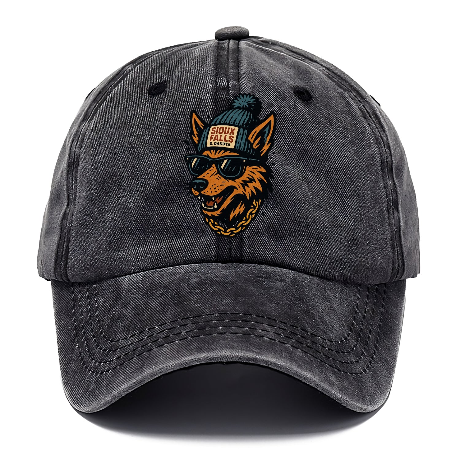 South Dakota Coyote wearing Sioux Falls beanie with pom pom and wayfarer sunglasses - Classic Cap - Graphite