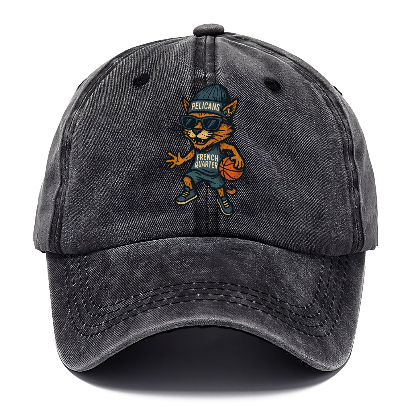 French Quarter Cat wearing Pelicans beanie with Mardi Gras patch and wayfarer - Classic Cap - Graphite