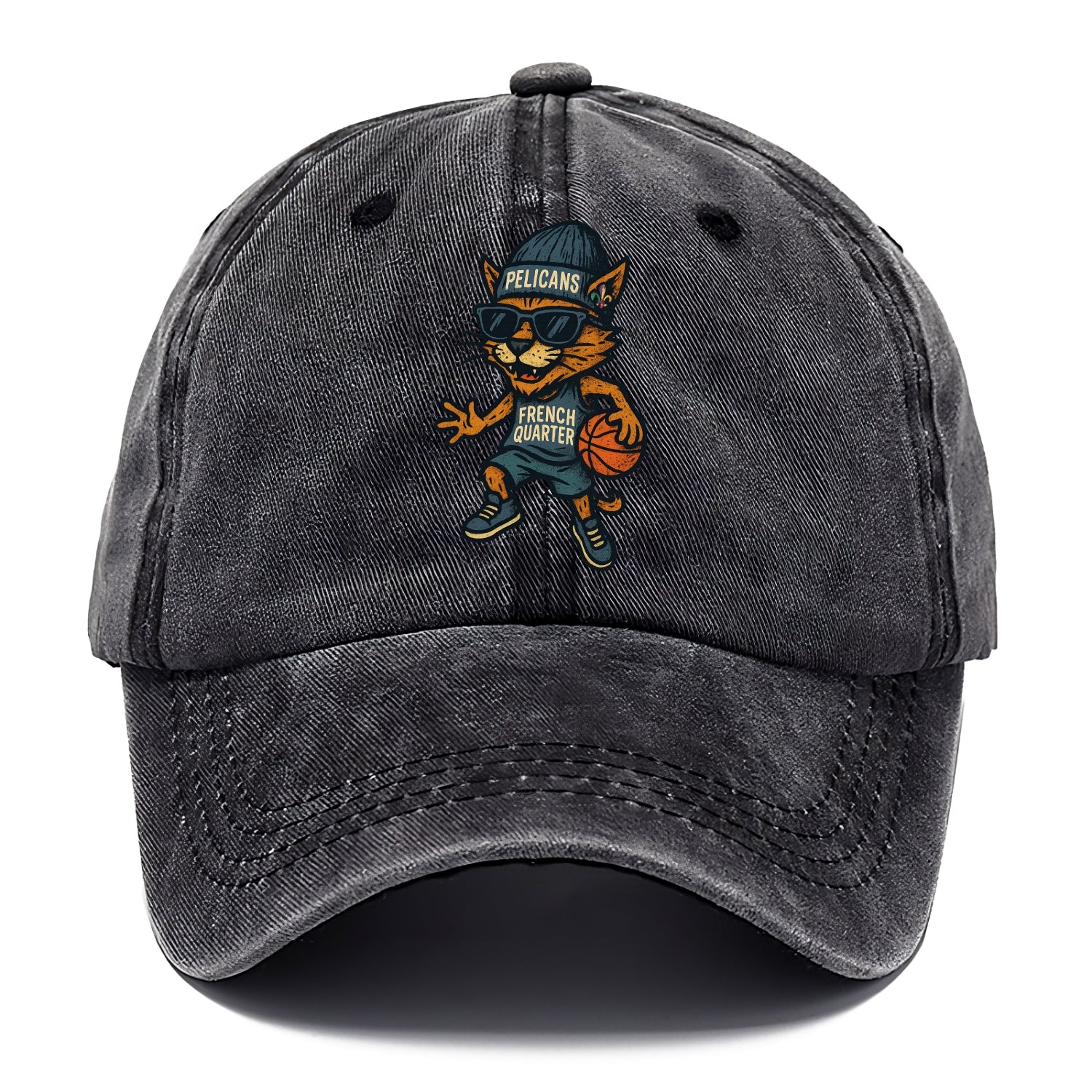 French Quarter Cat wearing Pelicans beanie with Mardi Gras patch and wayfarer - Classic Cap - Graphite