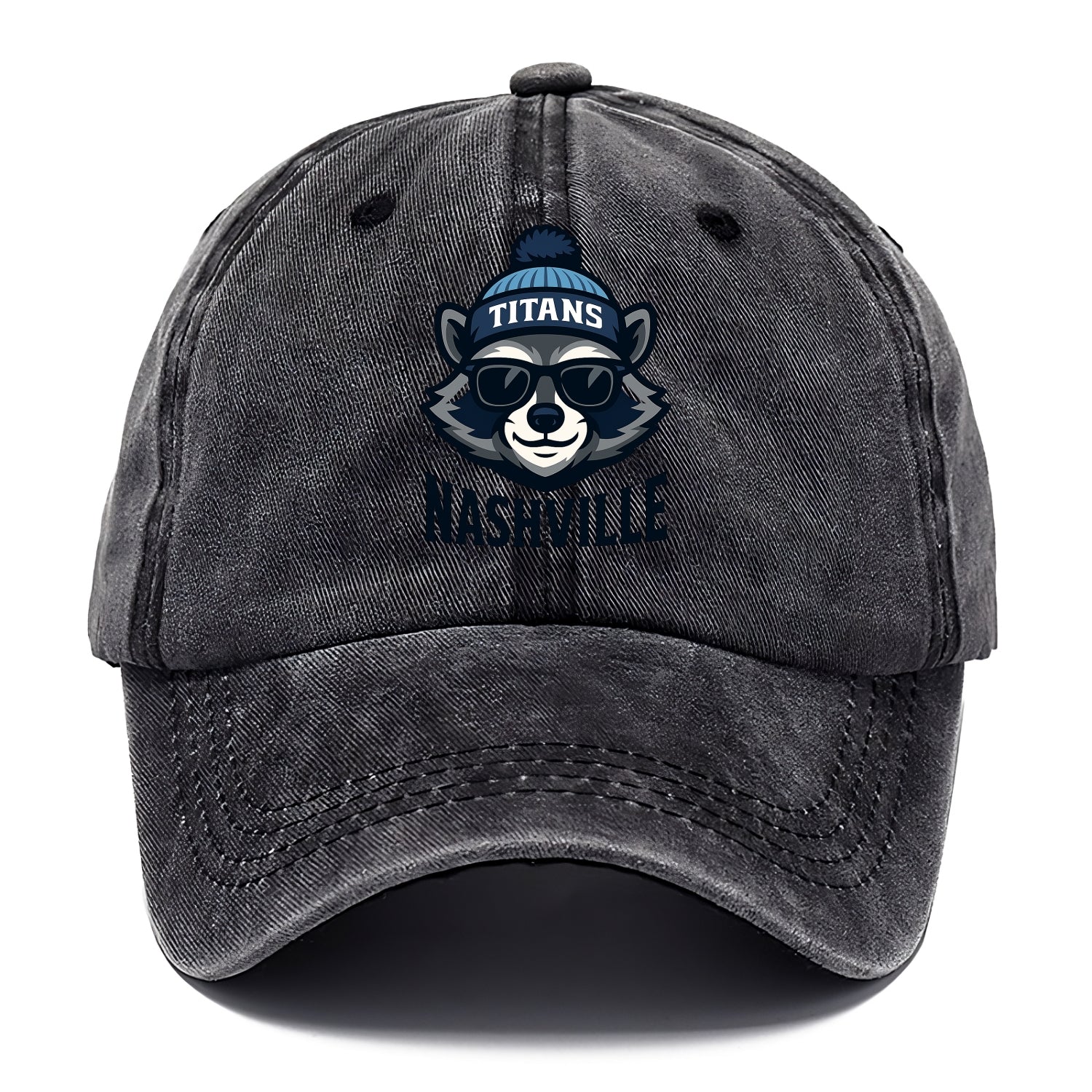Nashville Raccoon wearing Titans navy and light blue beanie with pom pom and wayfarer - Classic Cap - Graphite