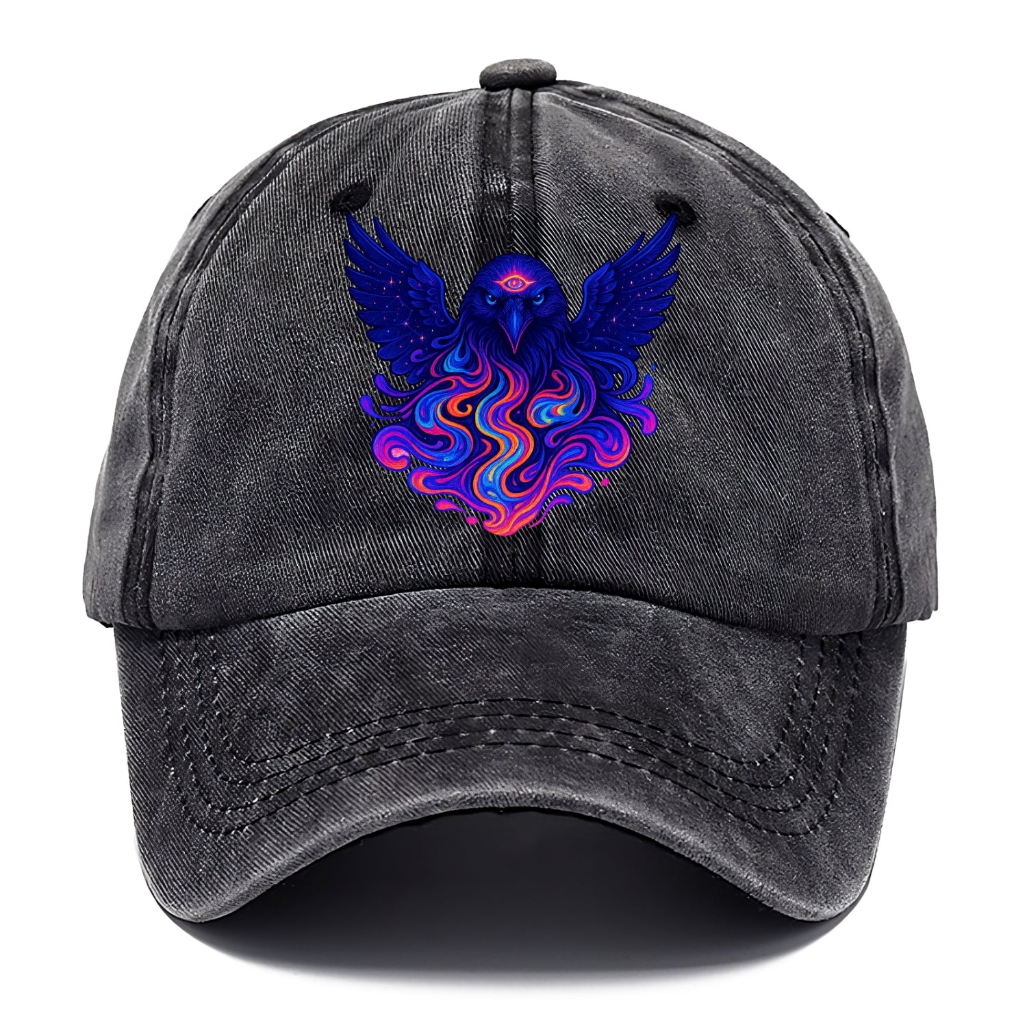 Mysterious raven with feathers showing future visions in neon colors, wings spread - Classic Cap - Graphite