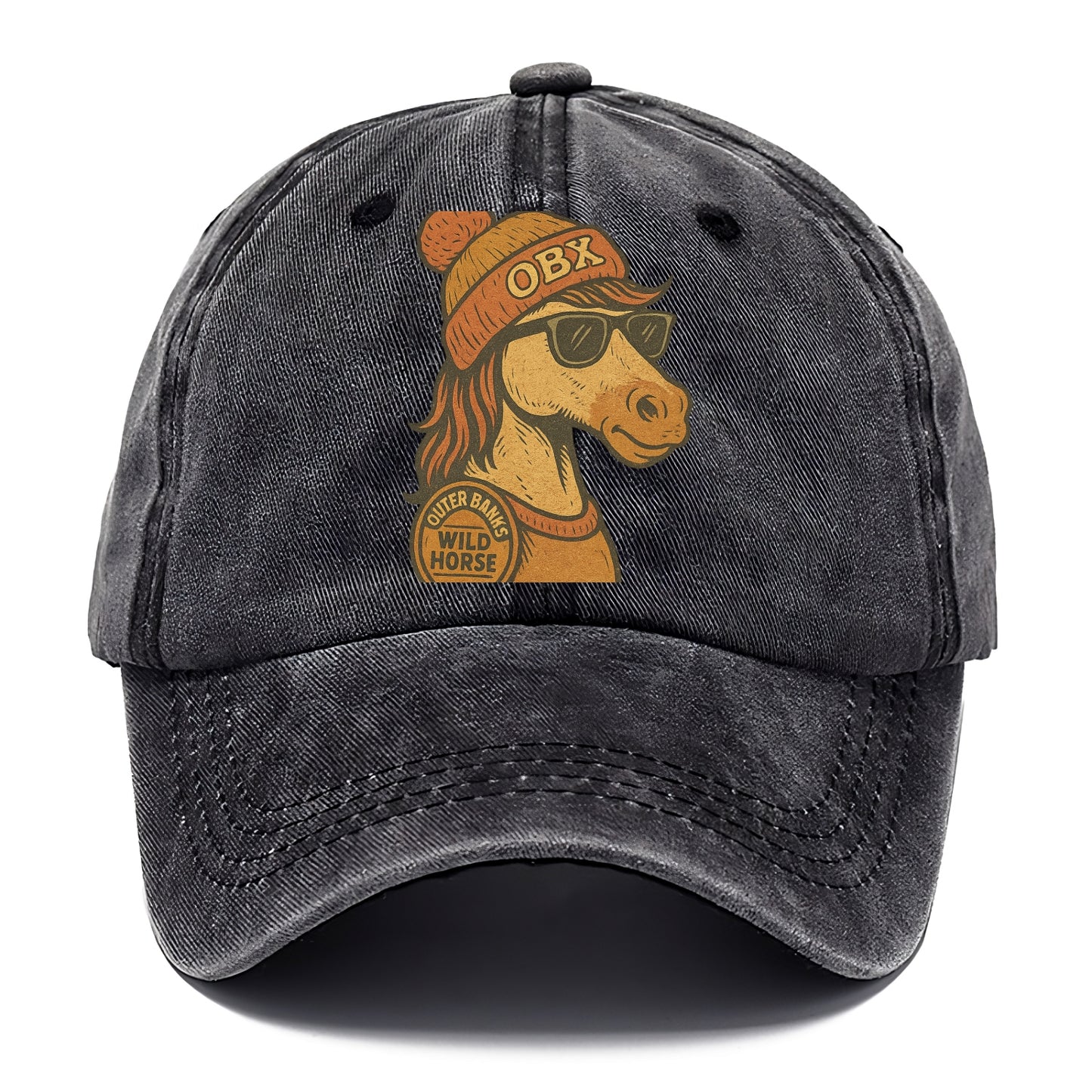 Outer Banks Wild Horse wearing OBX beanie with pom pom and wayfarer sunglasses - Classic Cap - Graphite