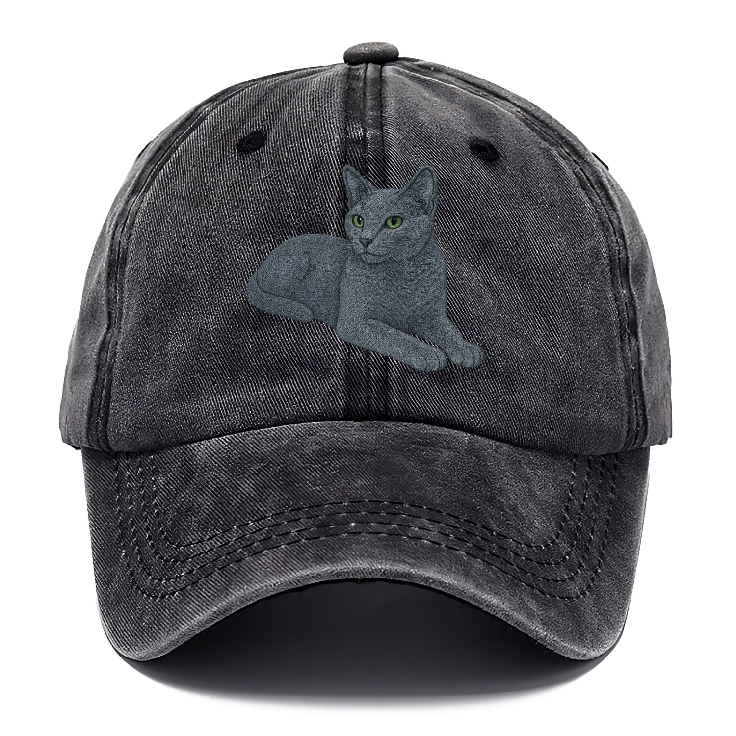 Russian Blue  relaxed lying down with he Classic Cap - Graphite
