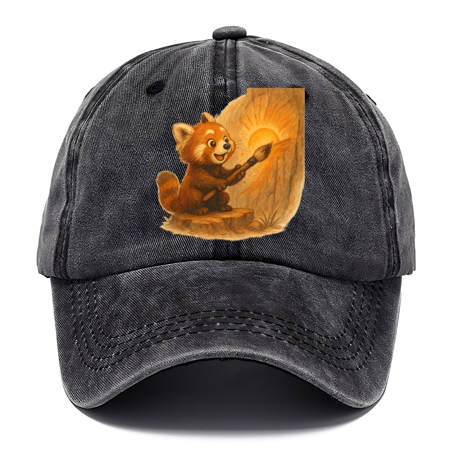 Red panda painting a sunrise mural with an oversized calligraphy brush on a cliff wall - Classic Cap - Graphite
