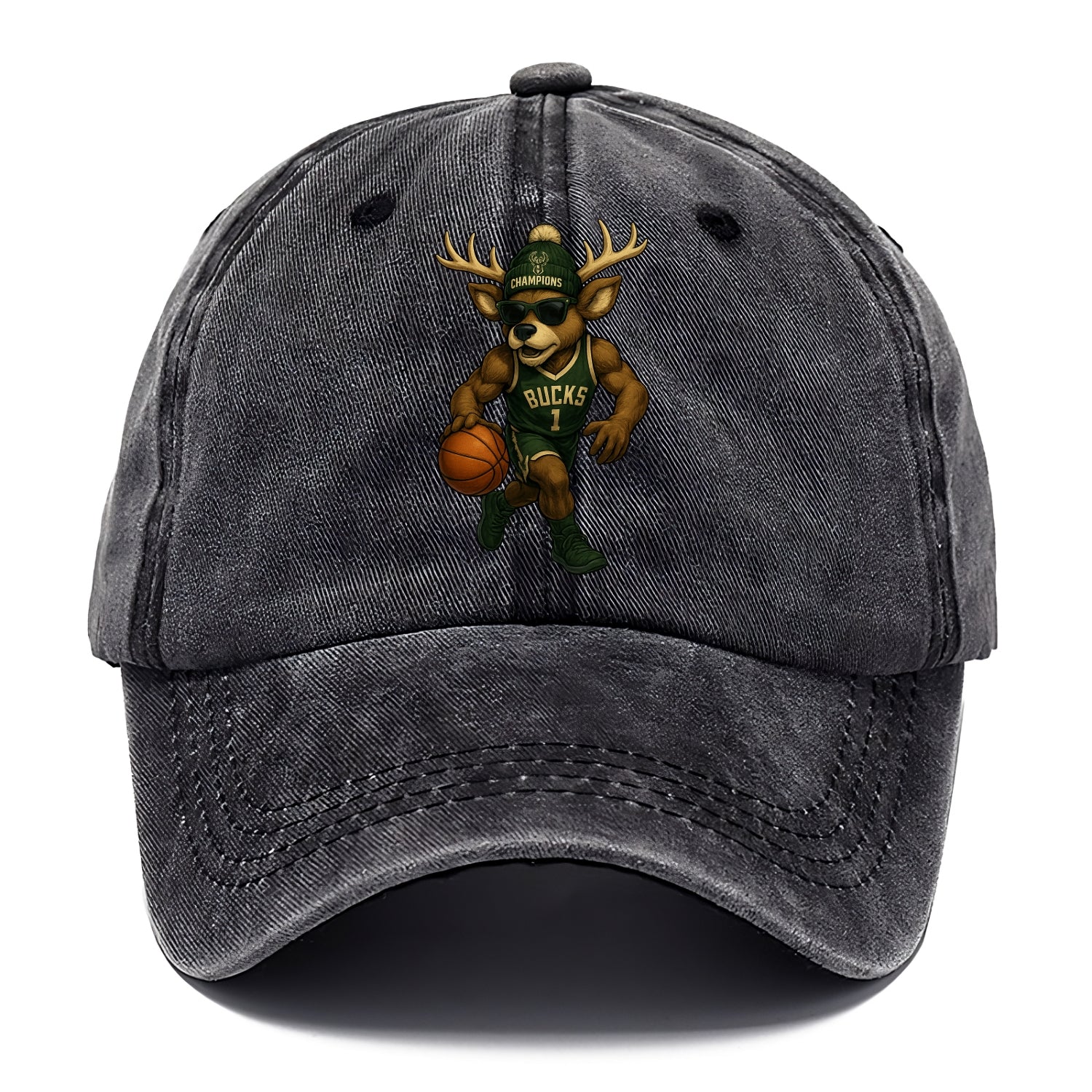Milwaukee Buck Deer wearing Bucks green and cream beanie with antlers and wayfarer - Classic Cap - Graphite