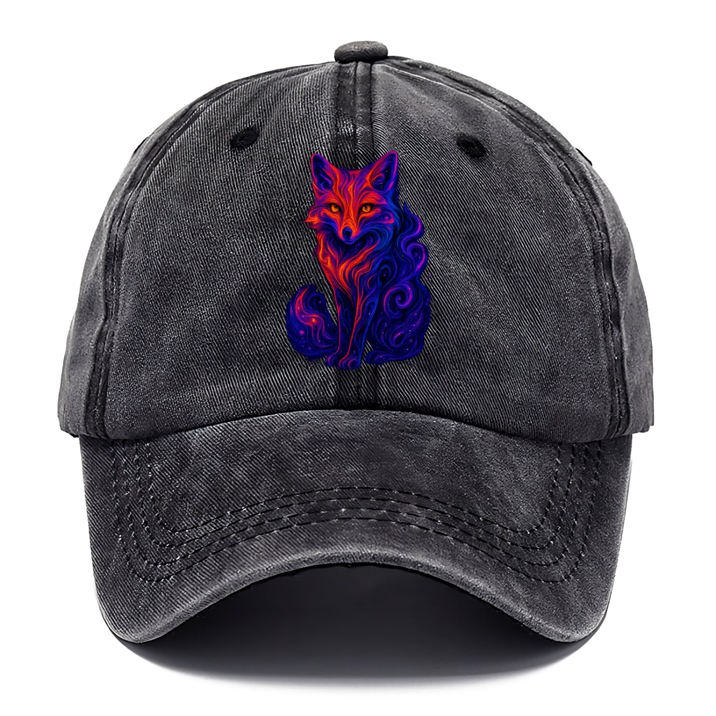 Clever fox with tail dissolving into cosmic nebula swirls, orange to purple gradient - Classic Cap - Graphite