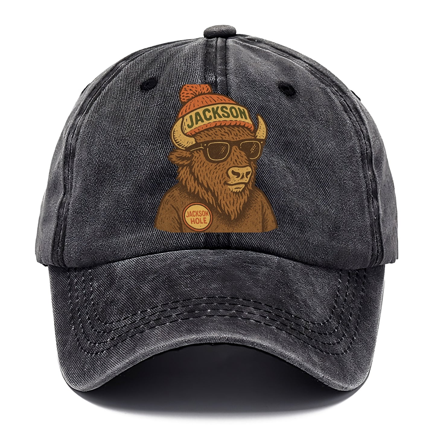 Jackson Hole Bison wearing Jackson beanie with pom pom and wayfarer sunglasses - Classic Cap - Graphite