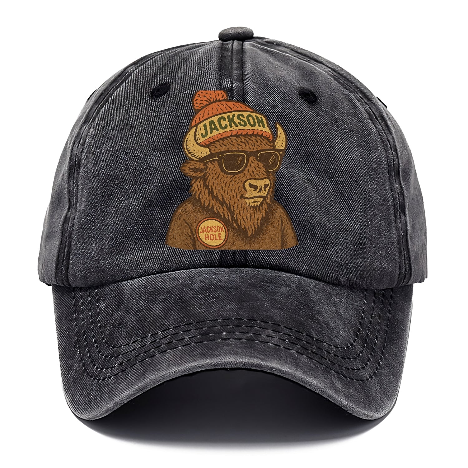 Jackson Hole Bison wearing Jackson beanie with pom pom and wayfarer sunglasses - Classic Cap - Graphite