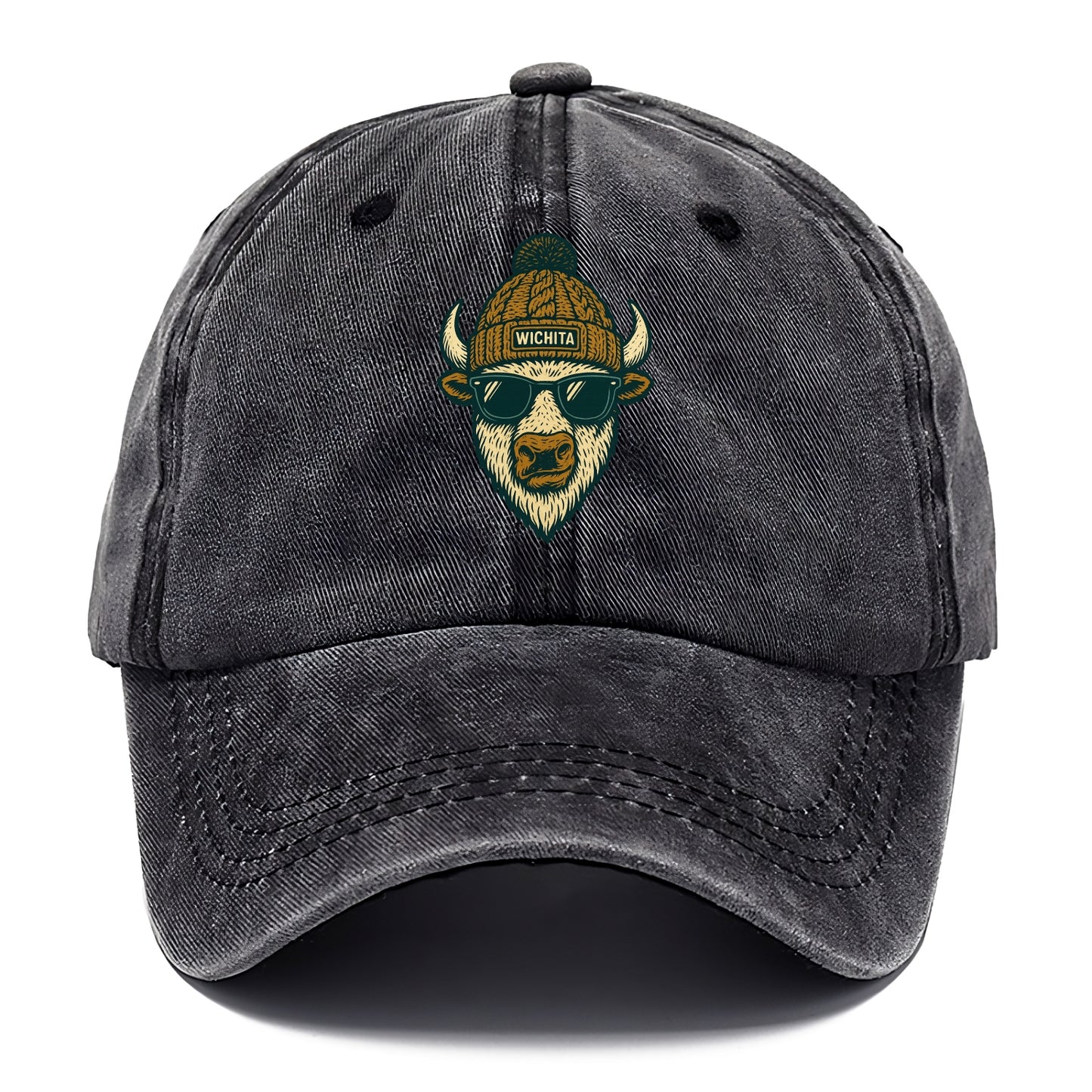 Kansas American Bison wearing Wichita beanie with pom pom and wayfarer sunglasses - Classic Cap - Graphite