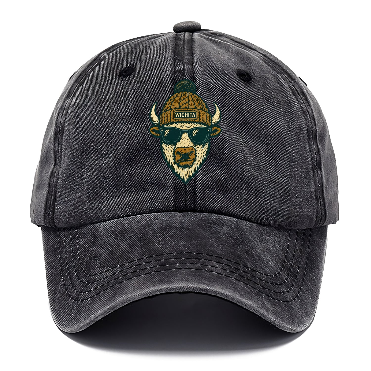 Kansas American Bison wearing Wichita beanie with pom pom and wayfarer sunglasses - Classic Cap - Graphite