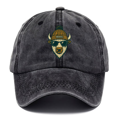 Kansas American Bison wearing Wichita beanie with pom pom and wayfarer sunglasses - Classic Cap - Graphite