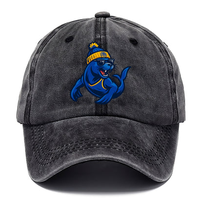 Bay Area Sea Lion wearing Warriors blue and gold beanie with Golden Gate and wayfarer - Classic Cap - Graphite