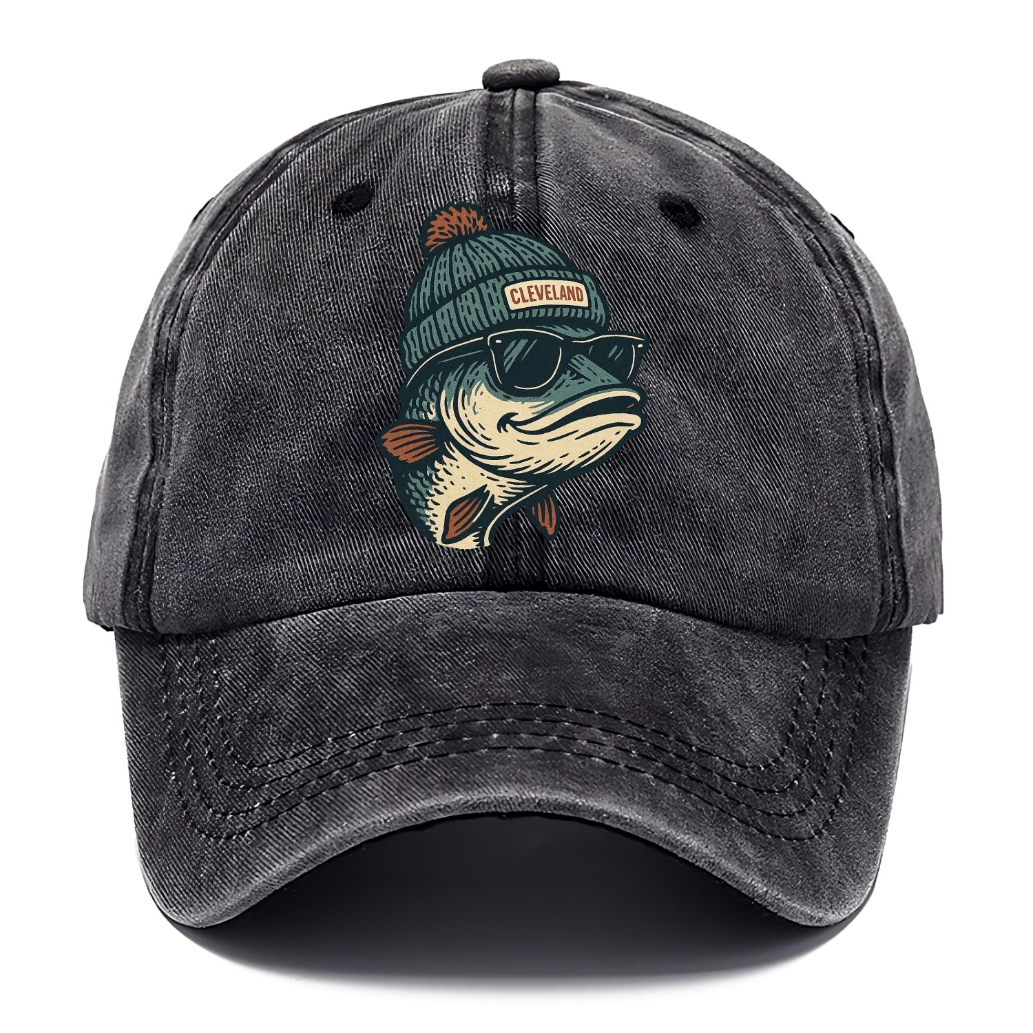 Cleveland Lake Erie Walleye wearing Cleveland beanie with pom pom and wayfarer - Classic Cap - Graphite