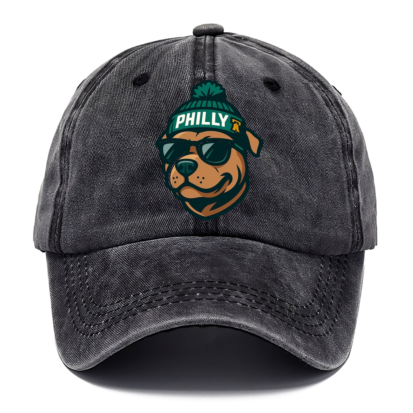 Philly Pitbull wearing Eagles beanie with Liberty Bell patch and wayfarer sunglasses - Classic Cap - Graphite