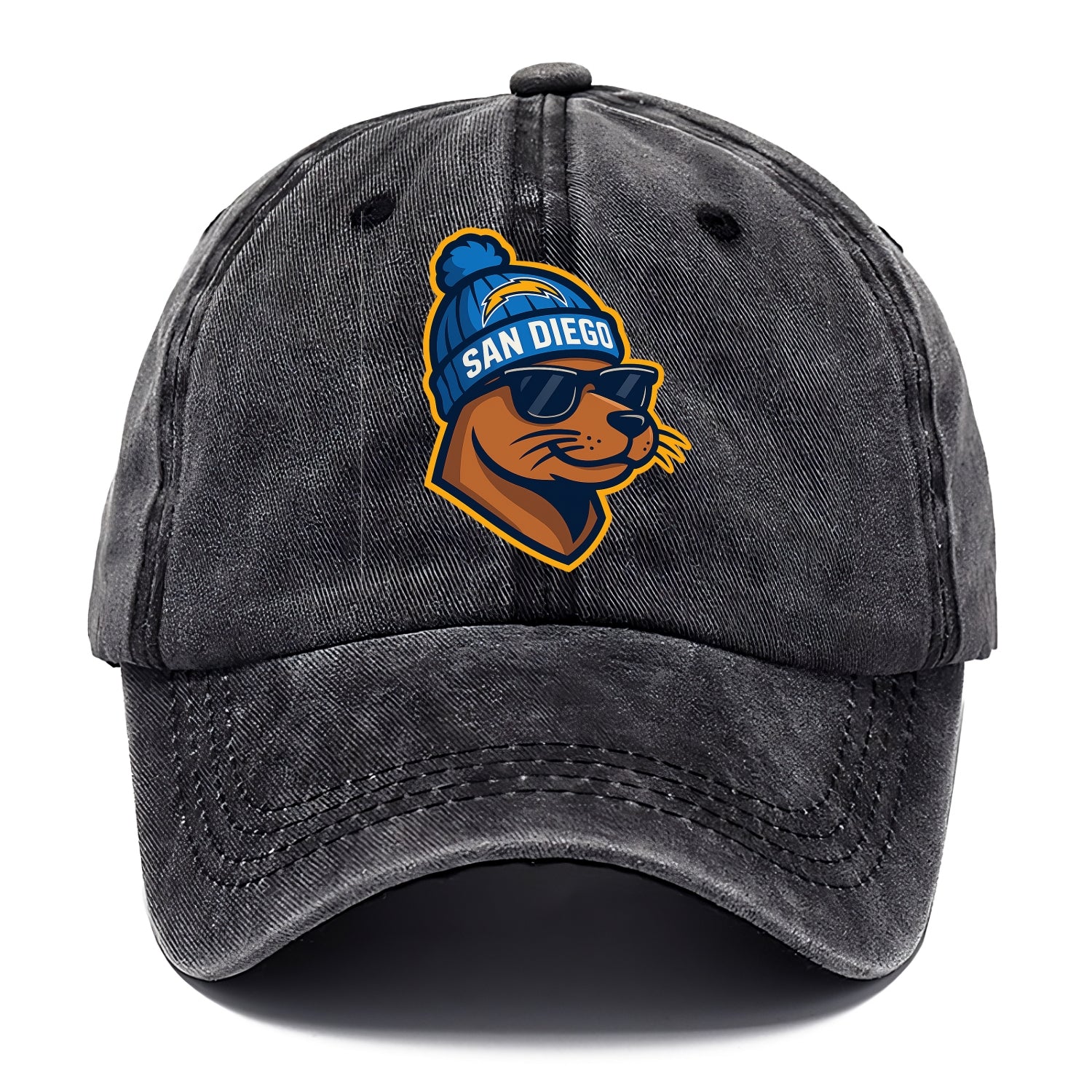 San Diego Sea Lion wearing Chargers beanie with bolt patch and wayfarer sunglasses - Classic Cap - Graphite