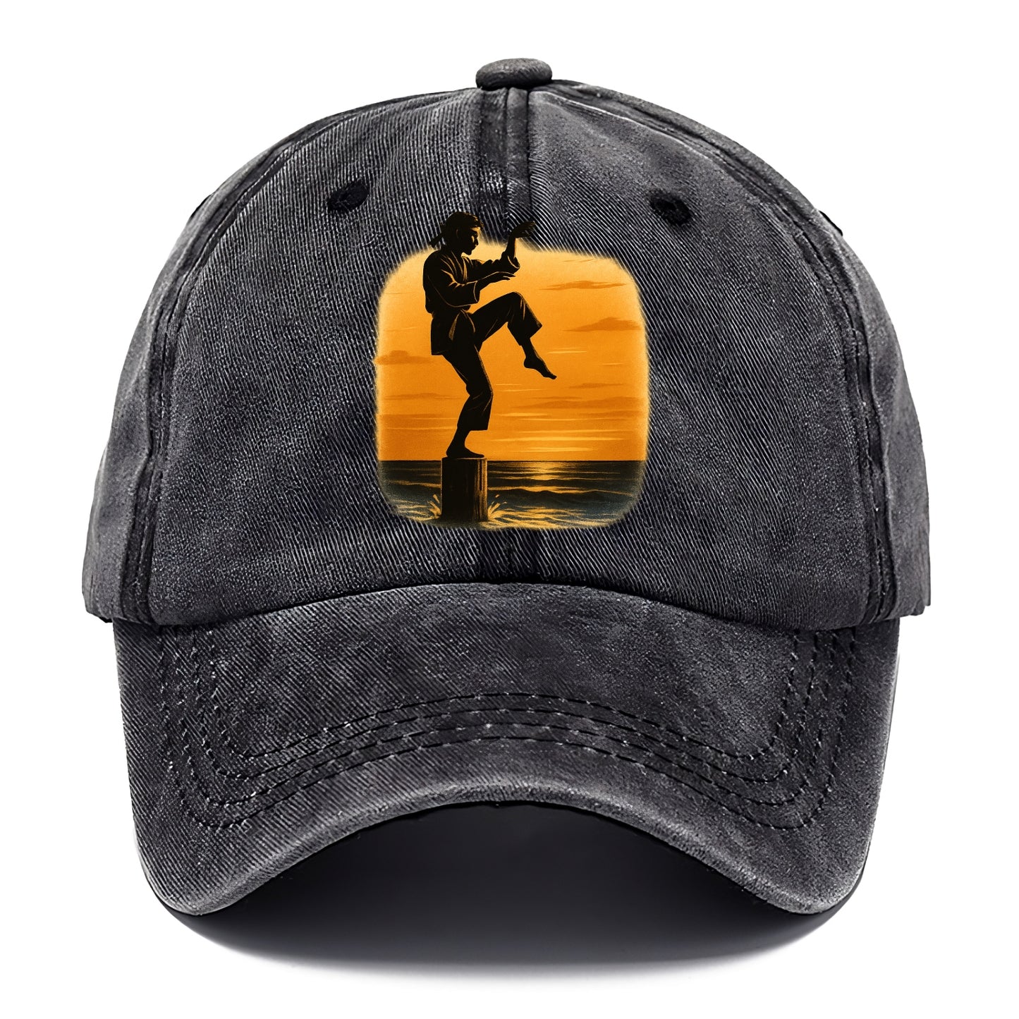 karate crane kick pose on wooden post at beach sunset - Classic Cap - Graphite