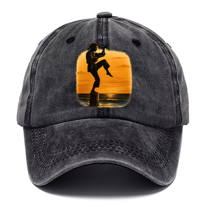 karate crane kick pose on wooden post at beach sunset - Classic Cap - Graphite