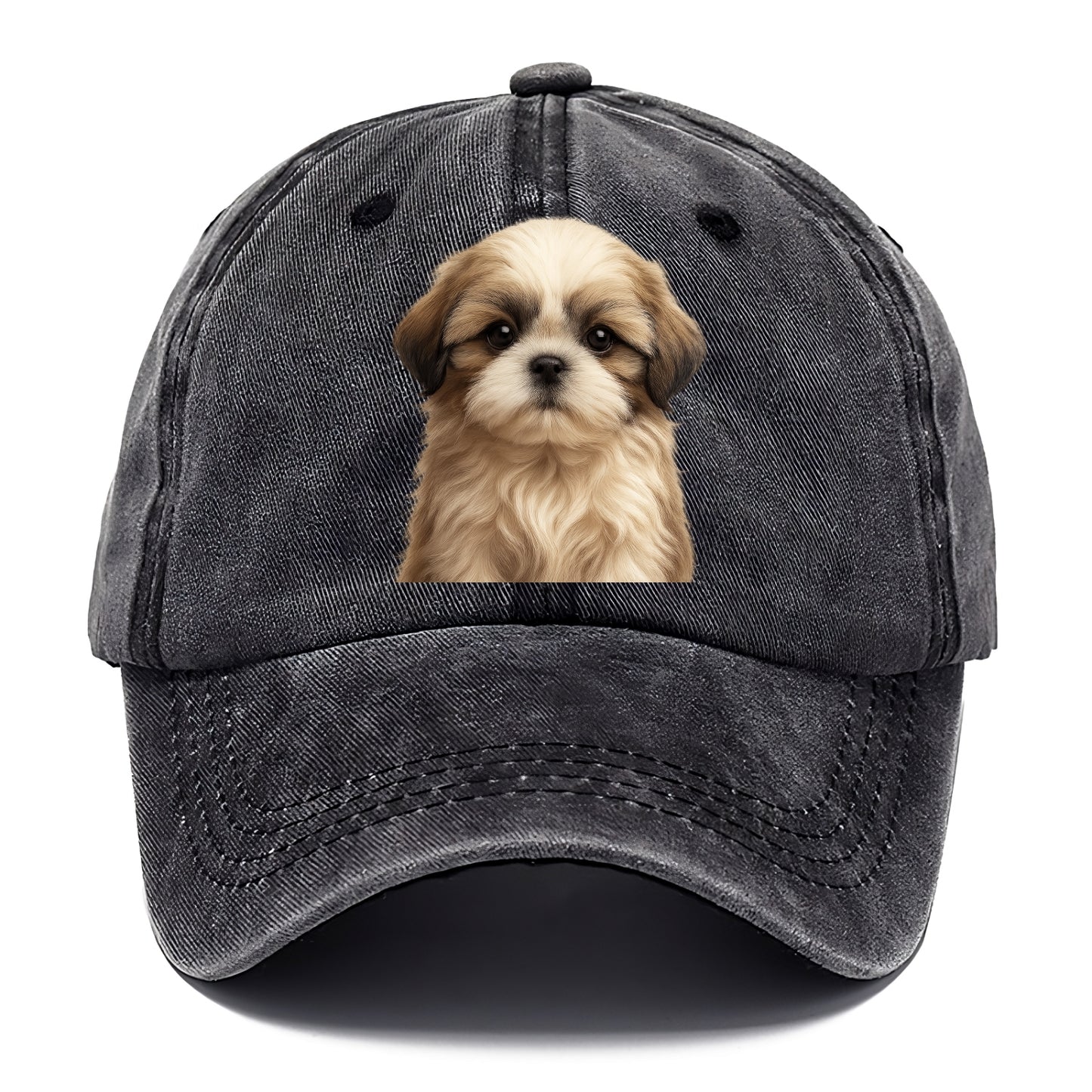 Baby Shih Tzu Puppy - long flowing coat, flat face, big dark eyes, front-facing, - Classic Cap - Graphite