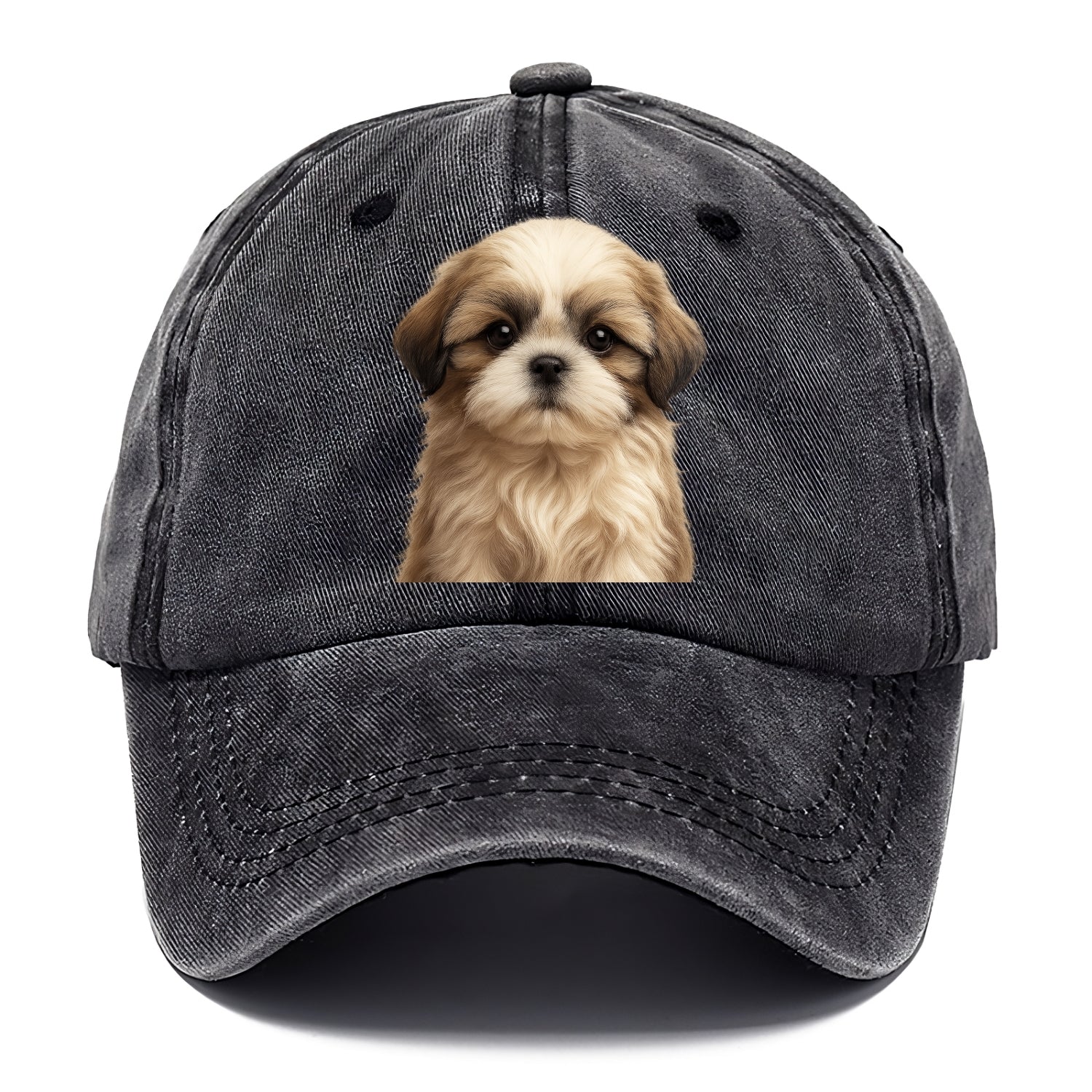 Baby Shih Tzu Puppy - long flowing coat, flat face, big dark eyes, front-facing, - Classic Cap - Graphite
