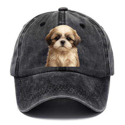 Baby Shih Tzu Puppy - long flowing coat, flat face, big dark eyes, front-facing, - Classic Cap - Graphite