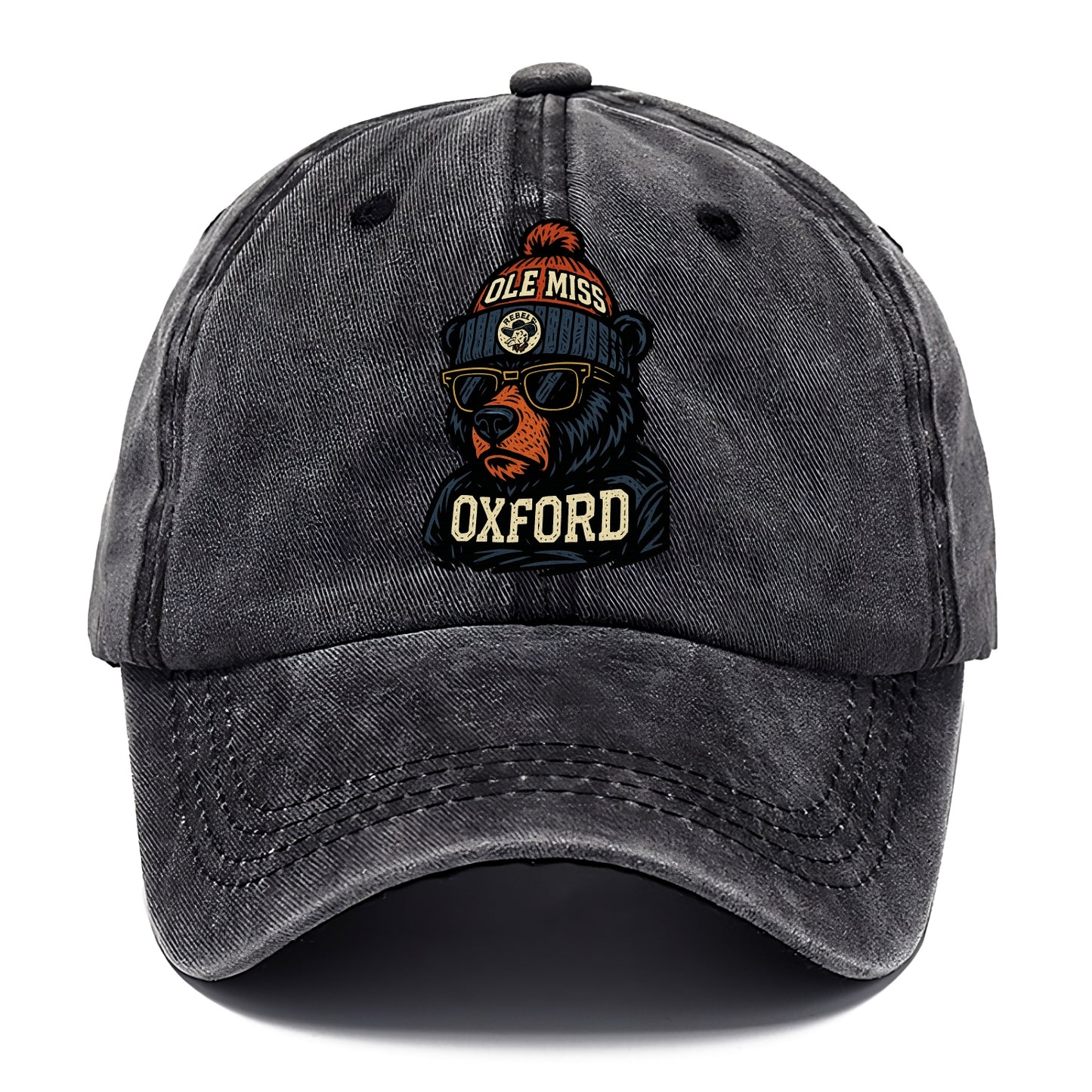 Oxford Black Bear wearing Ole Miss beanie with rebel patch - Classic Cap - Graphite