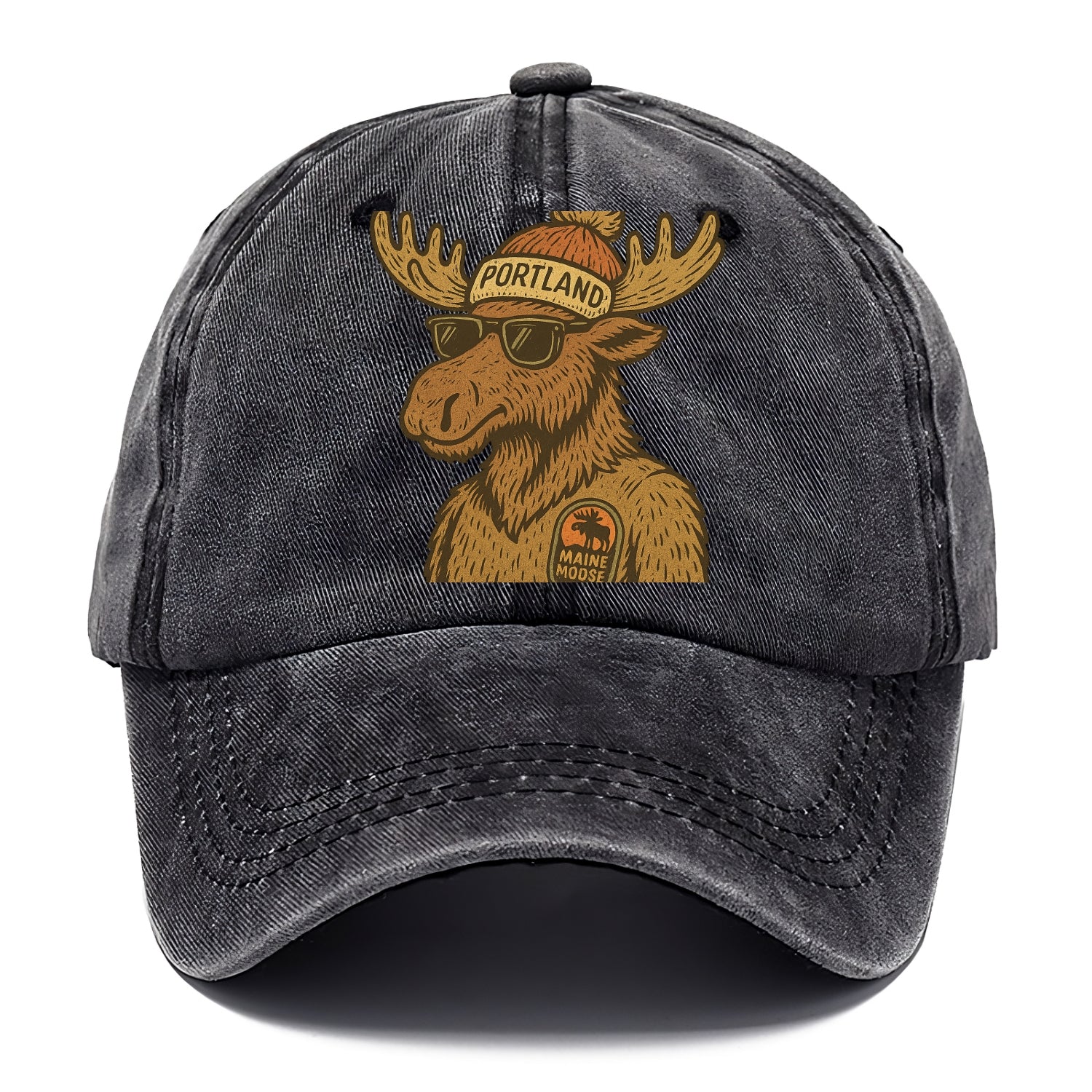 Maine Moose wearing Portland beanie with pom pom and wayfarer sunglasses - Classic Cap - Graphite