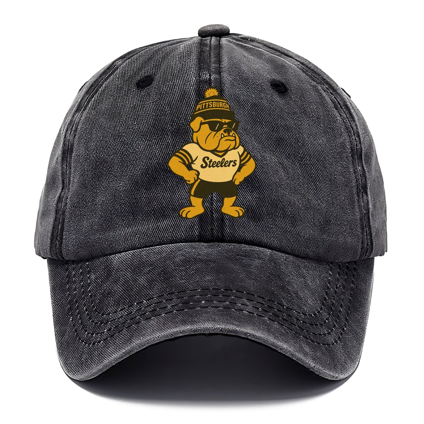 Pittsburgh Bulldog wearing Steelers black and gold beanie with pom pom and wayfarer - Classic Cap - Graphite