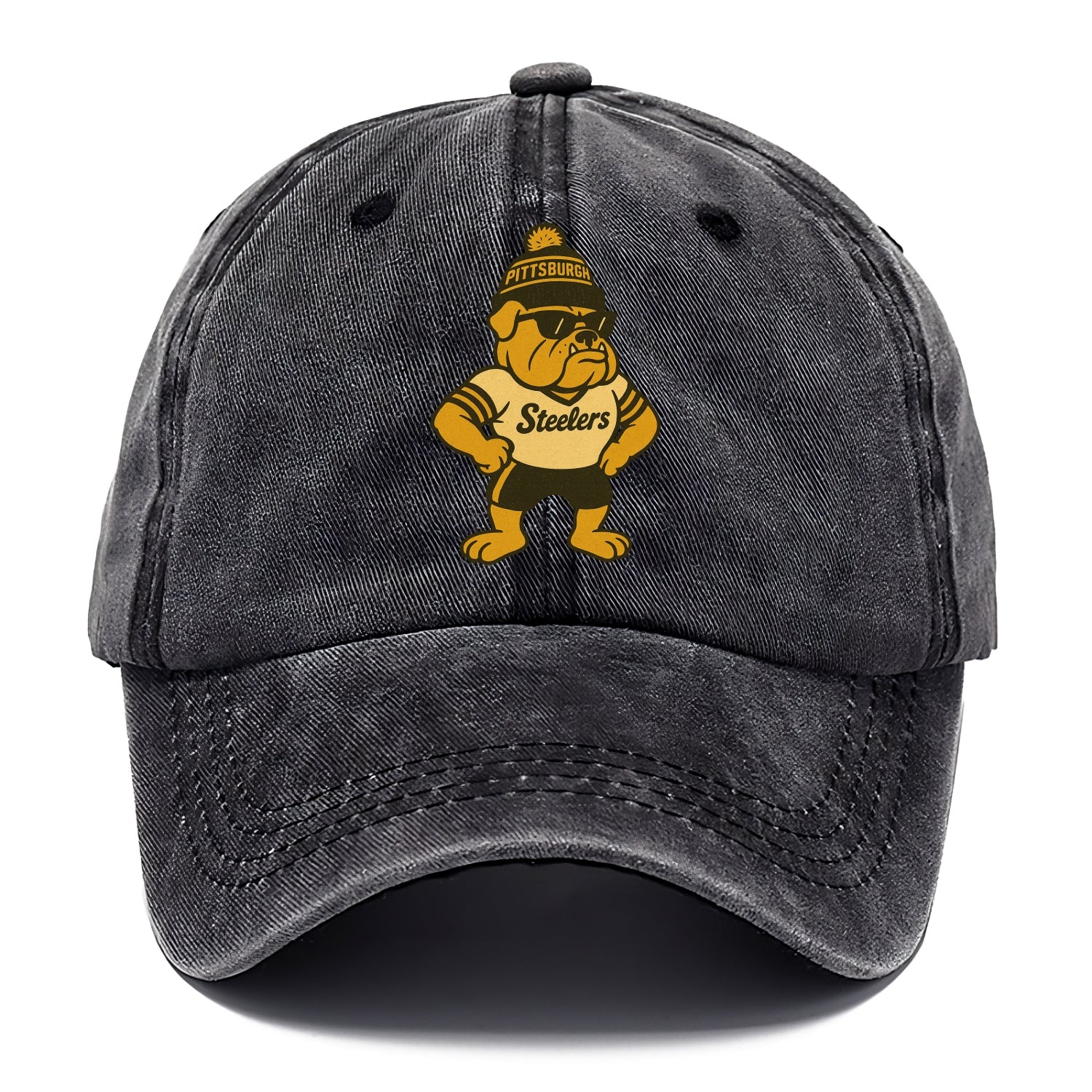 Pittsburgh Bulldog wearing Steelers black and gold beanie with pom pom and wayfarer - Classic Cap - Graphite