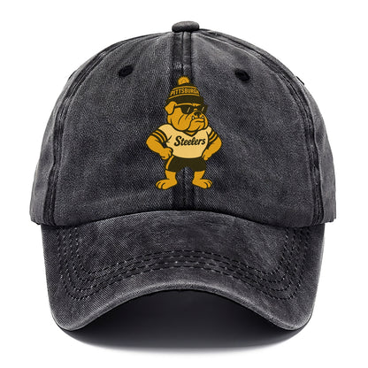 Pittsburgh Bulldog wearing Steelers black and gold beanie with pom pom and wayfarer - Classic Cap - Graphite